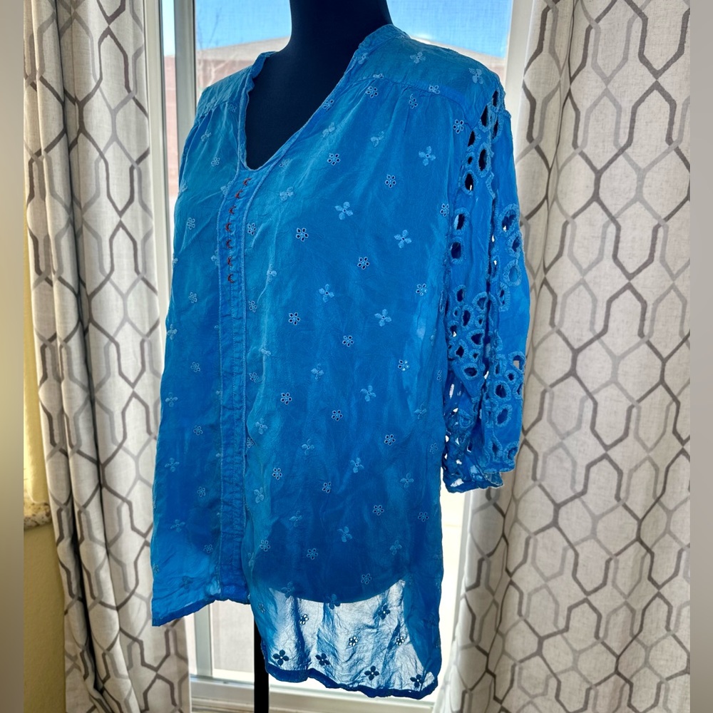 EUC Johnny Was Semi-Sheer Cerulean Blue Floral Embroidered Blouse - Picture 3 of 13